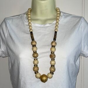 Vtg Les Bernard Inc. cream & gold chunky round wooden bead necklace